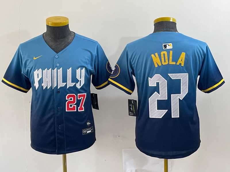 Youth Philadelphia Phillies #27 Aaron Nola Number Blue 2024 City Connect Limited Stitched Jersey->mlb youth jerseys->MLB Jersey
